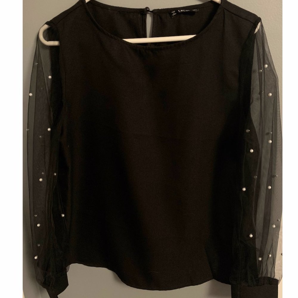 Mesh Sleeve Sweater with Pearls